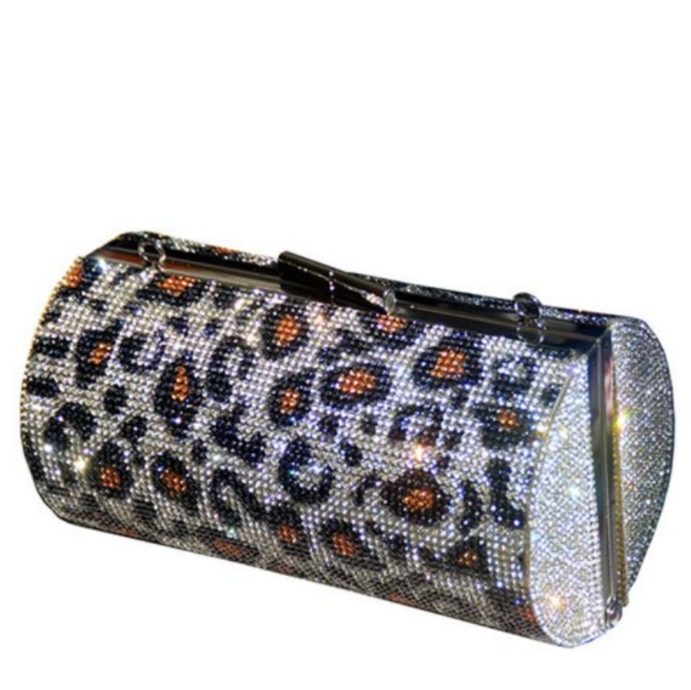 Rhinestone Cylinder Leopard Print Clutch Purse